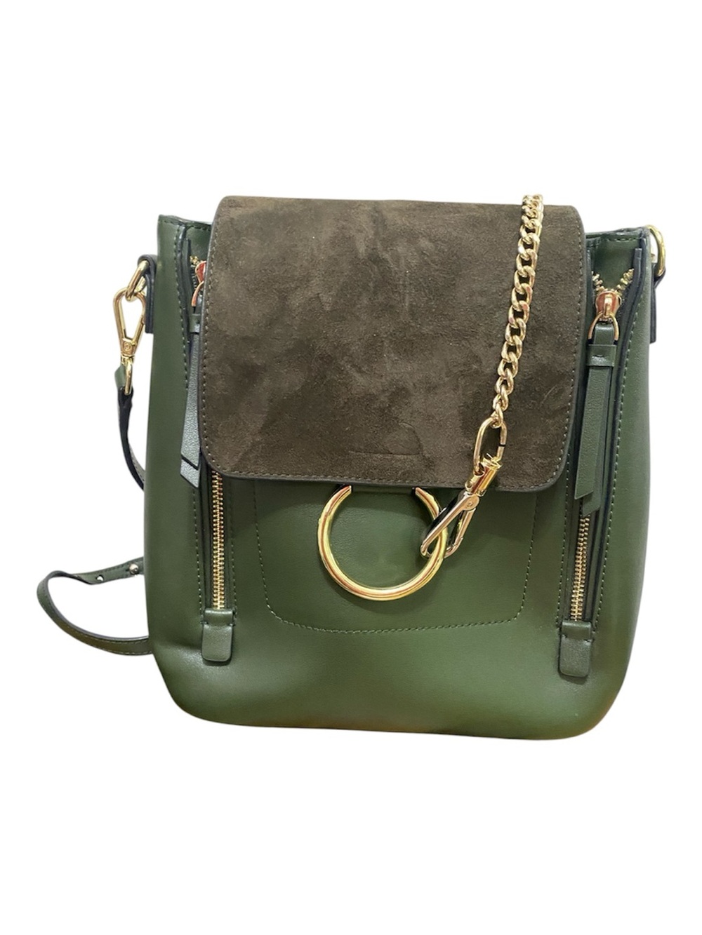 VITACCI Olive Green Suede-Flap Backpack with Gold Ring Accent